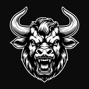 Keskin Boynuz Siyah ve Beyaz Görüntü ile Karanlık Sanat Kızgın Hayvan Boğa Kafası