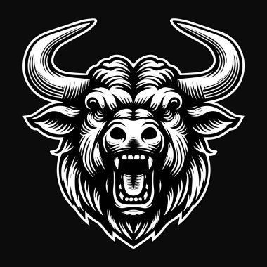 Keskin Boynuz Siyah ve Beyaz Görüntü ile Karanlık Sanat Kızgın Hayvan Boğa Kafası