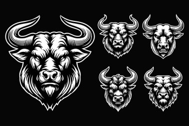 Keskin Boynuz Siyah ve Beyaz Görüntü ile Karanlık Sanat Kızgın Hayvan Boğa Kafası