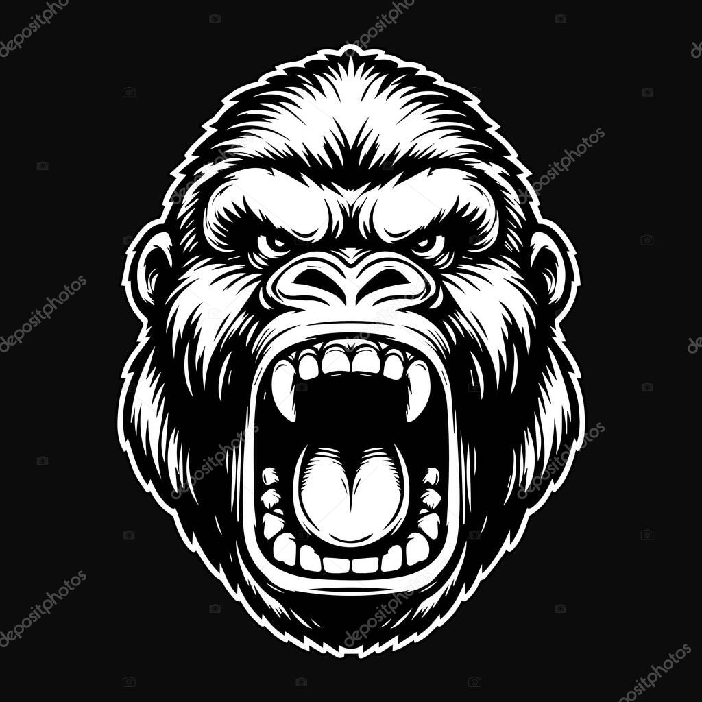 Dark Art Angry Beast Kingkong Head with Sharp Fang Black and White Illustration