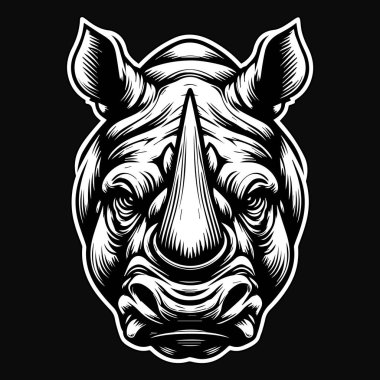 Keskin Boynuz Siyah ve Beyaz Resimli Karanlık Sanat Vahşi Gergedan Başı