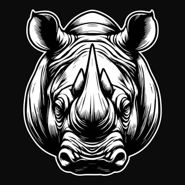 Keskin Boynuz Siyah ve Beyaz Resimli Karanlık Sanat Vahşi Gergedan Başı