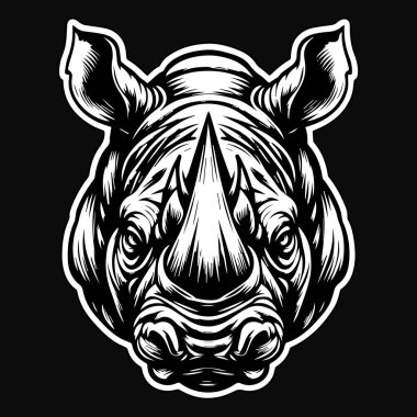 Keskin Boynuz Siyah ve Beyaz Resimli Karanlık Sanat Vahşi Gergedan Başı