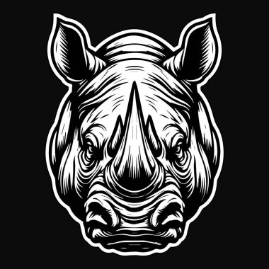 Keskin Boynuz Siyah ve Beyaz Resimli Karanlık Sanat Vahşi Gergedan Başı