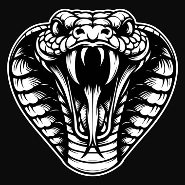 Kara Sanat Kızgın Kobra Yılan Canavar Başı Siyah ve Beyaz Görüntü