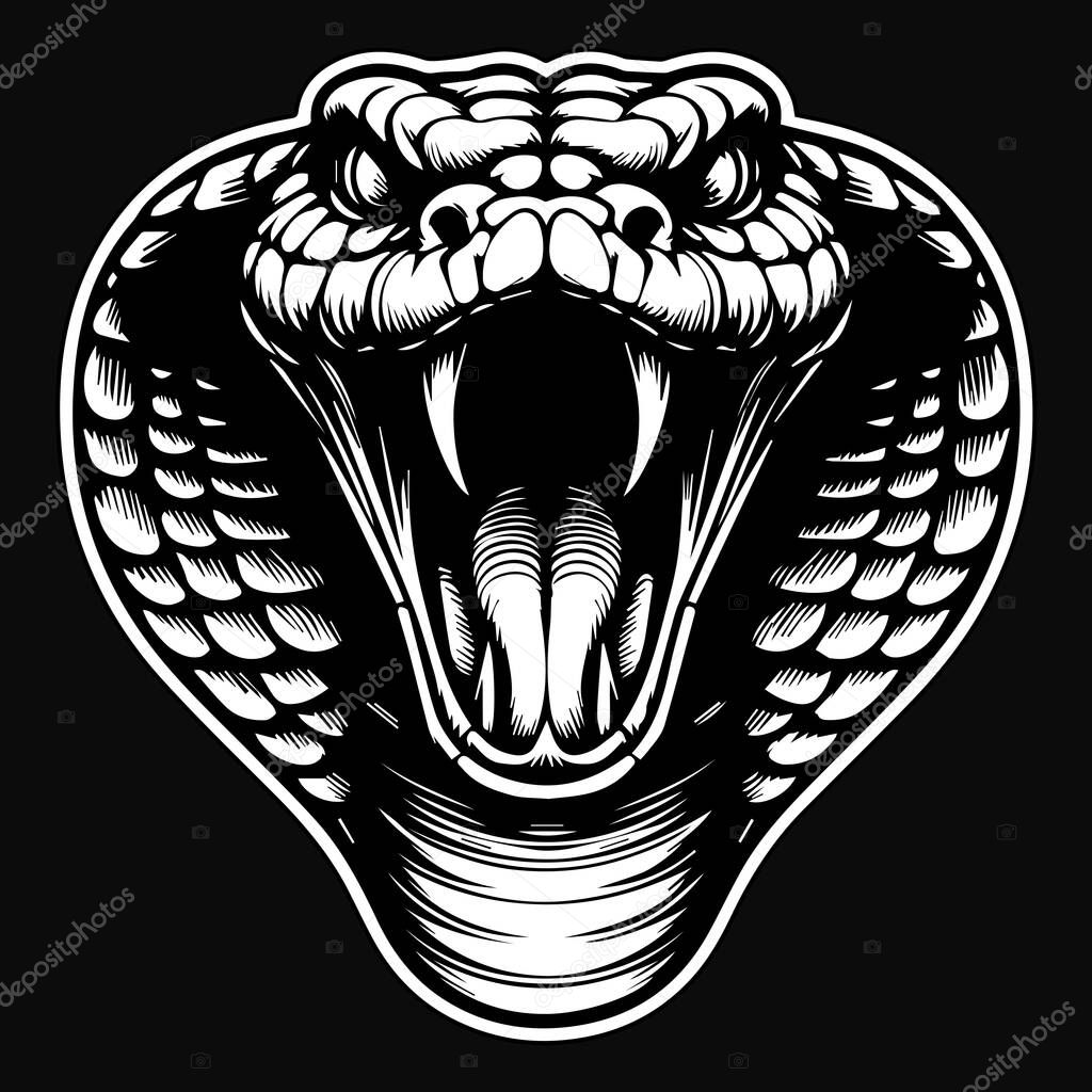 Dark Art Angry Cobra Snake Beast Head Black and White Illustration