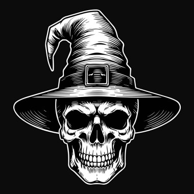 Kara Sanat Cadısı Kafatası Cadı Şapkalı Siyah ve Beyaz Çizim