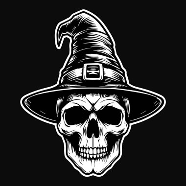Kara Sanat Cadısı Kafatası Cadı Şapkalı Siyah ve Beyaz Çizim