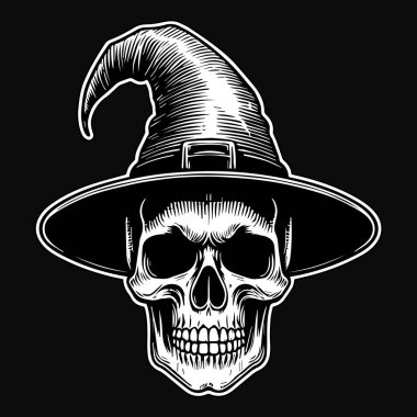 Kara Sanat Cadısı Kafatası Cadı Şapkalı Siyah ve Beyaz Çizim