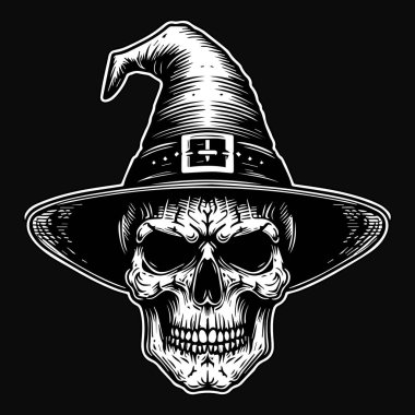 Kara Sanat Cadısı Kafatası Cadı Şapkalı Siyah ve Beyaz Çizim