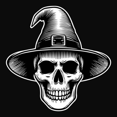Kara Sanat Cadısı Kafatası Cadı Şapkalı Siyah ve Beyaz Çizim