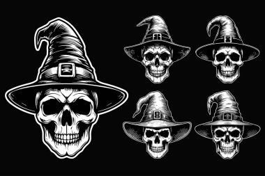 Kara Sanat Cadısı Kafatası Cadı Şapkalı Siyah ve Beyaz Çizim