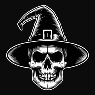 Kara Sanat Cadısı Kafatası Cadı Şapkalı Siyah ve Beyaz Çizim