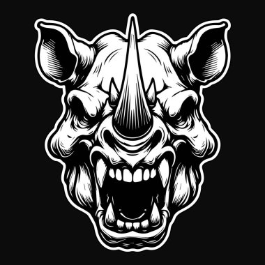 Karanlık Sanat Korkunç Kızgın Canavar Gergedan Kafatası Keskin Boynuz Siyah ve Beyaz Resimli