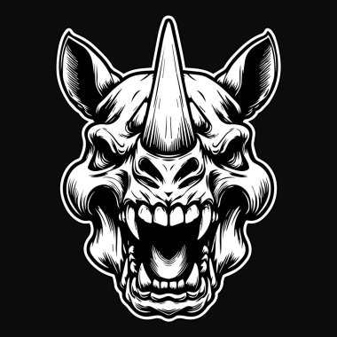 Dark Art Scary Angry Beast Rhino Skull Head with Sharp Horn Black and White Illustration clipart