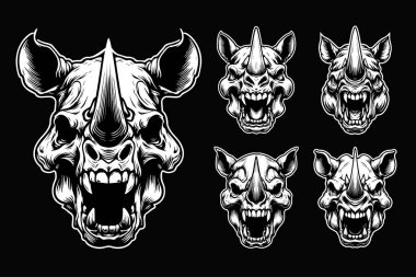 Karanlık Sanat Korkunç Kızgın Canavar Gergedan Kafatası Keskin Boynuz Siyah ve Beyaz Resimli