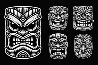 Kara Sanat Tiki Geleneksel Kabile Maskesi İfadesi Siyah ve Beyaz Görüntü