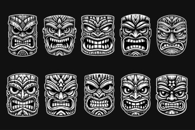 Kara Sanat Tiki Geleneksel Kabile Maskesi İfadesi Siyah ve Beyaz Görüntü