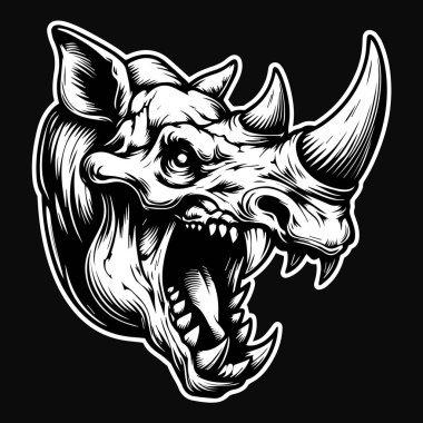 Koyu Sanat Canavarı Gergedan Kafatası Keskin Diş ve Boynuz Siyah ve Beyaz Çizim