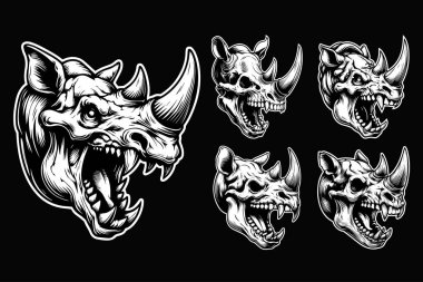 Koyu Sanat Canavarı Gergedan Kafatası Keskin Diş ve Boynuz Siyah ve Beyaz Çizim