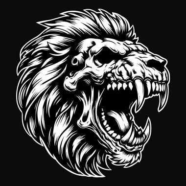 Kara Sanat Öfkeli Aslan Kafatası Siyah ve Beyaz Görüntü