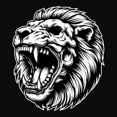 Kara Sanat Öfkeli Aslan Kafatası Siyah ve Beyaz Görüntü