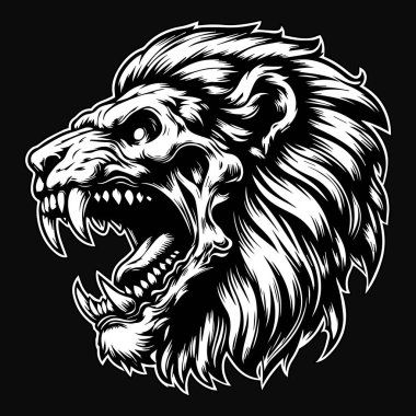 Kara Sanat Öfkeli Aslan Kafatası Siyah ve Beyaz Görüntü