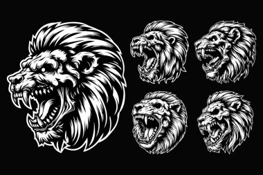 Kara Sanat Öfkeli Aslan Kafatası Siyah ve Beyaz Görüntü