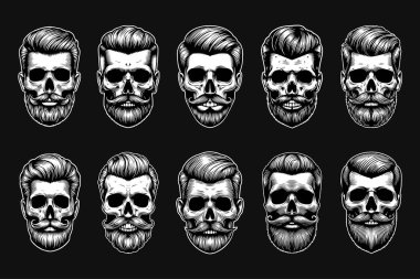 Koyu Sanat Berberi Kafatası Maskotu Siyah ve Beyaz İllüstrasyon