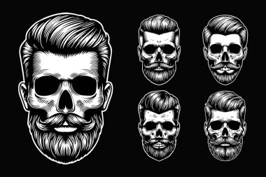 Koyu Sanat Berberi Kafatası Maskotu Siyah ve Beyaz İllüstrasyon