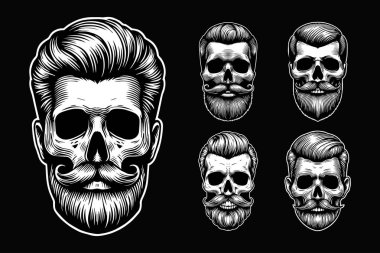 Koyu Sanat Berberi Kafatası Maskotu Siyah ve Beyaz İllüstrasyon