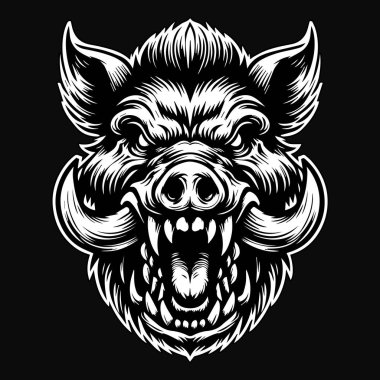 Karanlık Sanat Korkunç Kızgın Yaban Domuzu Kafası Keskin Boynuz Siyah ve Beyaz Resimli