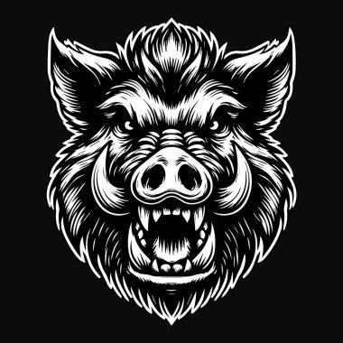 Karanlık Sanat Korkunç Kızgın Yaban Domuzu Kafası Keskin Boynuz Siyah ve Beyaz Resimli