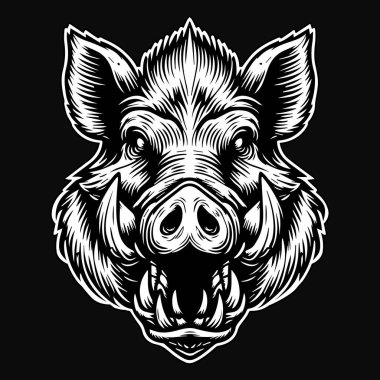 Karanlık Sanat Korkunç Kızgın Yaban Domuzu Kafası Keskin Boynuz Siyah ve Beyaz Resimli