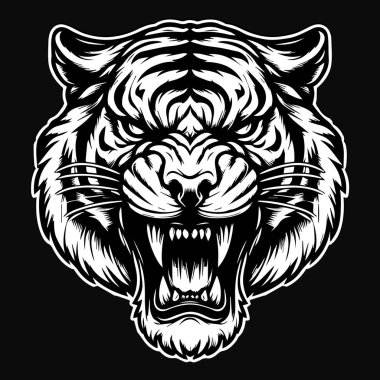 Kara Sanat Acımasız Canavar Kaplan Başı Siyah ve Beyaz Görüntü