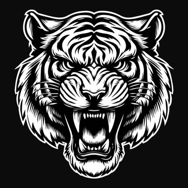 Kara Sanat Acımasız Canavar Kaplan Başı Siyah ve Beyaz Görüntü