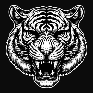 Kara Sanat Acımasız Canavar Kaplan Başı Siyah ve Beyaz Görüntü