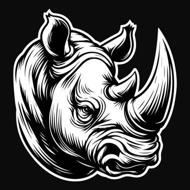 Koyu Sanat Gergedanı Vahşi Kafa Keskin Boynuz Siyah ve Beyaz Görüntü