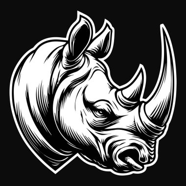 Koyu Sanat Gergedanı Vahşi Kafa Keskin Boynuz Siyah ve Beyaz Görüntü