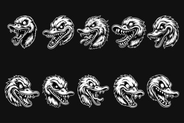 Keskin Dişleri Siyah ve Beyaz Resimli Karanlık Sanat Kızgın Korkunç Ördek Kafası