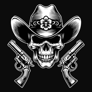 Kara Sanat Kovboyu Kafatası Çifte Silah ve Şapka Siyah ve Beyaz Çizim