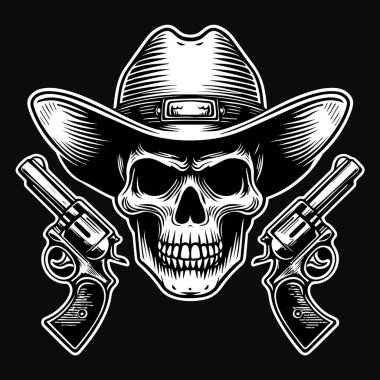 Kara Sanat Kovboyu Kafatası Çifte Silah ve Şapka Siyah ve Beyaz Çizim