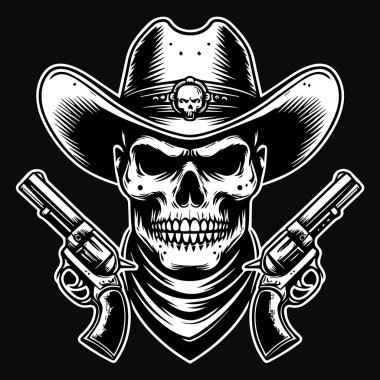 Kara Sanat Kovboyu Kafatası Çifte Silah ve Şapka Siyah ve Beyaz Çizim