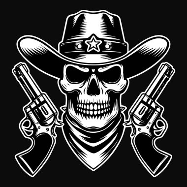 Kara Sanat Kovboyu Kafatası Çifte Silah ve Şapka Siyah ve Beyaz Çizim