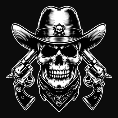 Kara Sanat Kovboyu Kafatası Çifte Silah ve Şapka Siyah ve Beyaz Çizim