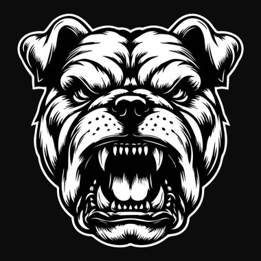 Dark Art Vicious Angry Beast Bulldog Head with Sharp Teeth Black and White Illustration clipart