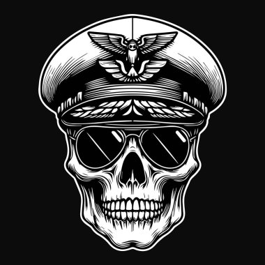 Siyah ve Beyaz Çizimli Karanlık Sanat Pilotu Kafatası