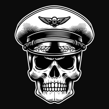 Siyah ve Beyaz Çizimli Karanlık Sanat Pilotu Kafatası