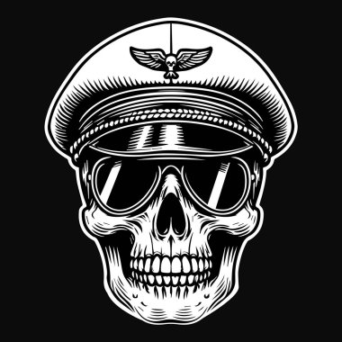 Siyah ve Beyaz Çizimli Karanlık Sanat Pilotu Kafatası