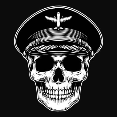 Siyah ve Beyaz Çizimli Karanlık Sanat Pilotu Kafatası